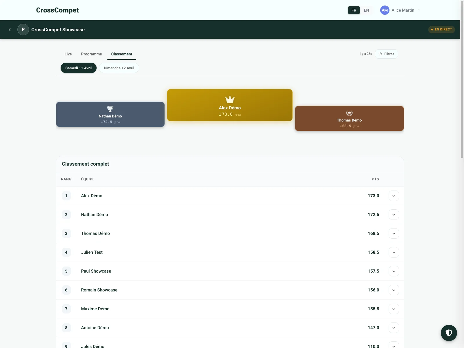 Leaderboard live CrossCompet — classement en direct