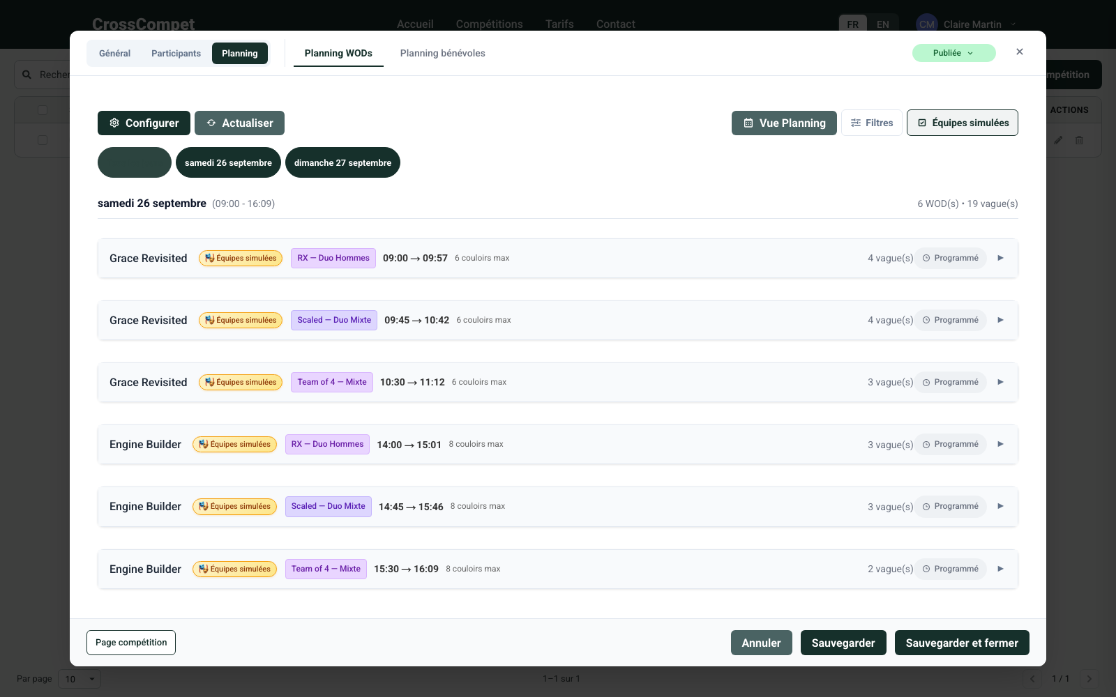 Onglet Planning WODs : boutons Configurer et Actualiser, sélecteur de jours, vue et filtres